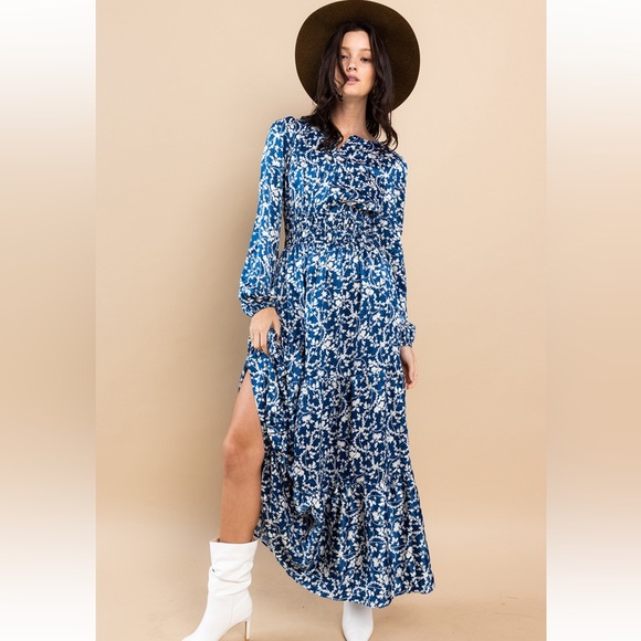 36 Boho Floral Printed Satin Tiered Maxi Dress - Picture 3 of 5